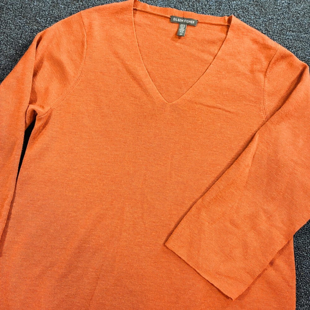 Eileen Fisher Small Merino Wool V-Neck Sweater Rust Orange 3/4 Sleeve Knit